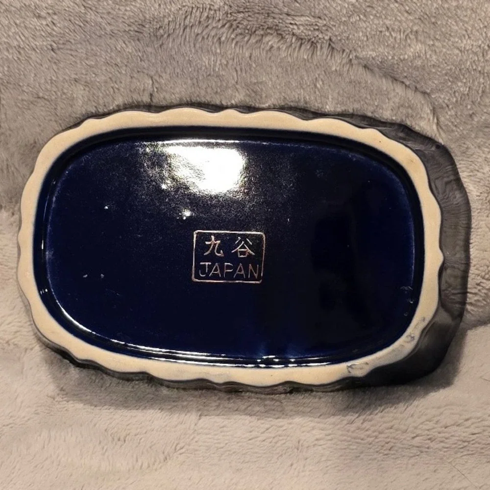 Vintage Kutani Japan Cobalt Blue Porcelain Floral Soap Dish Gold Gilt Scalloped